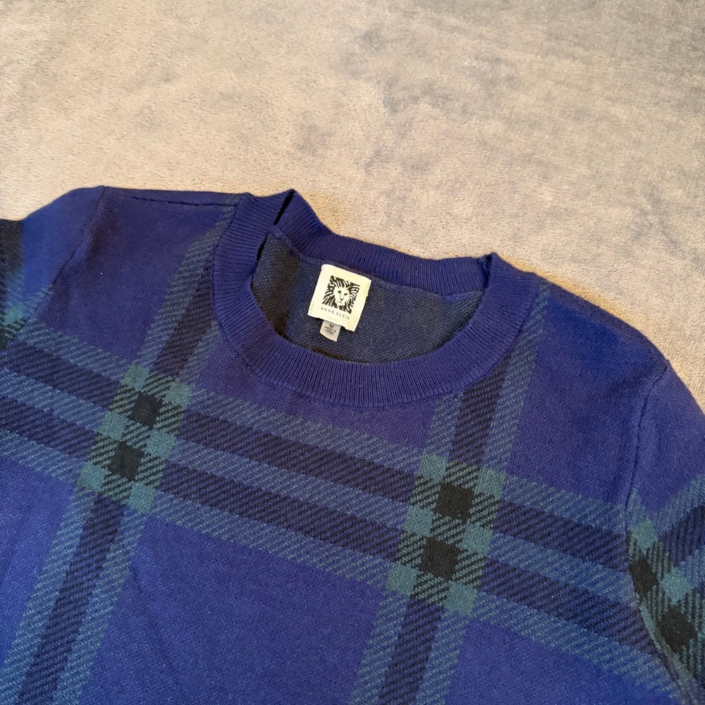 Anne Klein Plaid Mixed Media Sweater Womens Medium Blue‎ Layered Look Crew Neck